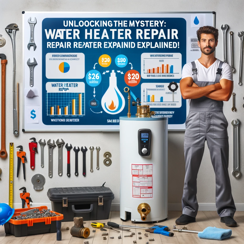 Professional plumber in San Diego holding a wrench next to a water heater with a whiteboard illustrating water heater repair costs in the background. 