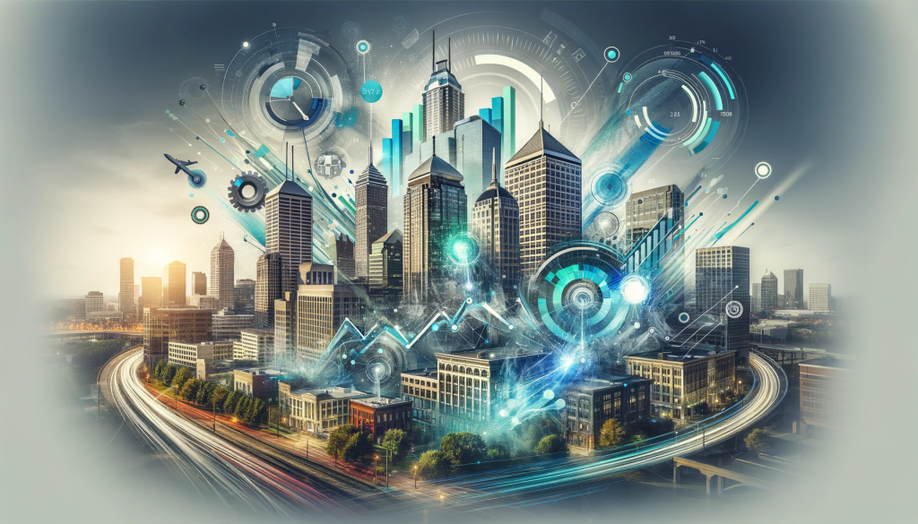A cover image blending Indianapolis's urban landscape with modern elements like digital interfaces, growth graphs, and high-tech tools, symbolizing innovative strategies in property management.